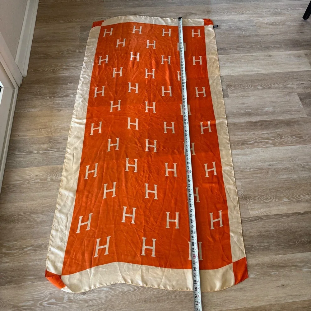 Hermes 100% Silk Scarf Shawl Orange & Cream w/‎ H logo Designer Authentic Luxury
